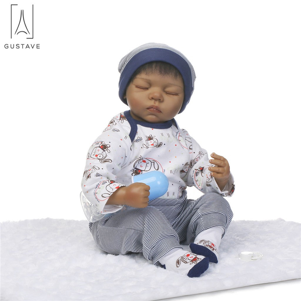 Gustave 22 Inch Reborn Baby Dolls Soft Silicone Vinyl Sleeping Black Boy Baby Dolls Lifelike Newborn Realistic India dolls for Xmas Gift