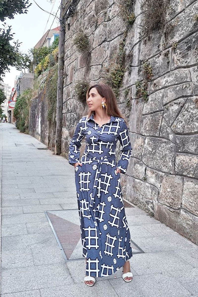 Turndown Collar Geometric Print Long Sleeve Dress