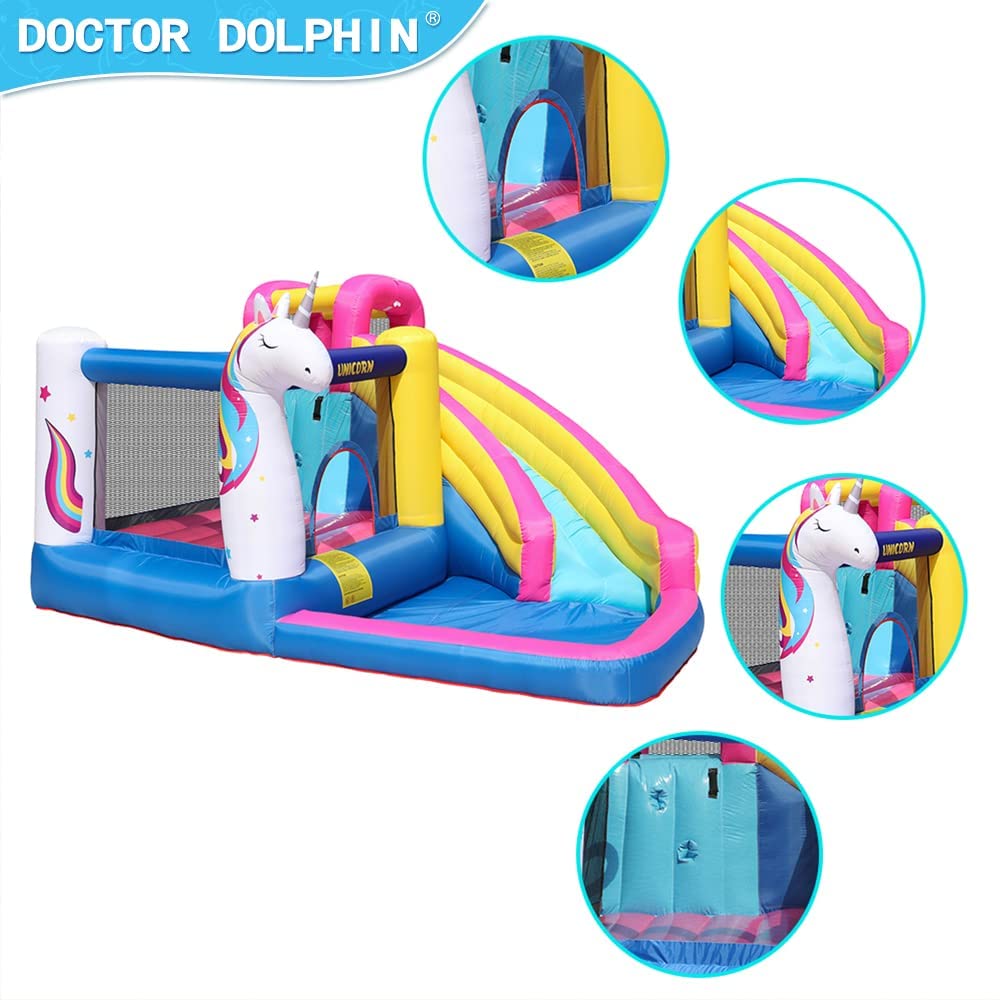 5 in 1 Inflatable Water Slide， Castle Bounce House Trampoline with Pool， Climbing Wall for Kids Age 3-10 with Air Blower