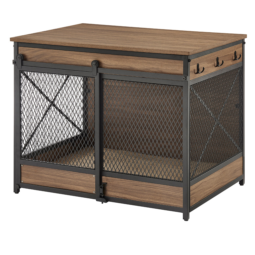 Unipaws Furniture Style Dog Crate， Wooden Mesh Pet Kennels with Cushion and Hooks， Dog House Indoor Use， Walnut