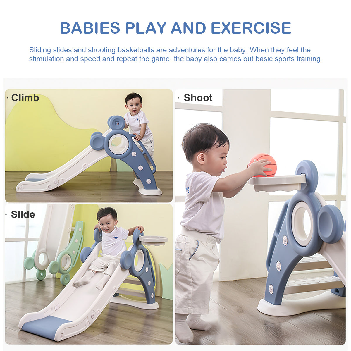 Children's Folding Slides with Stairs，Blue Toddler Folding Slide Plastic Kids Slide for Toddlers Cmgb