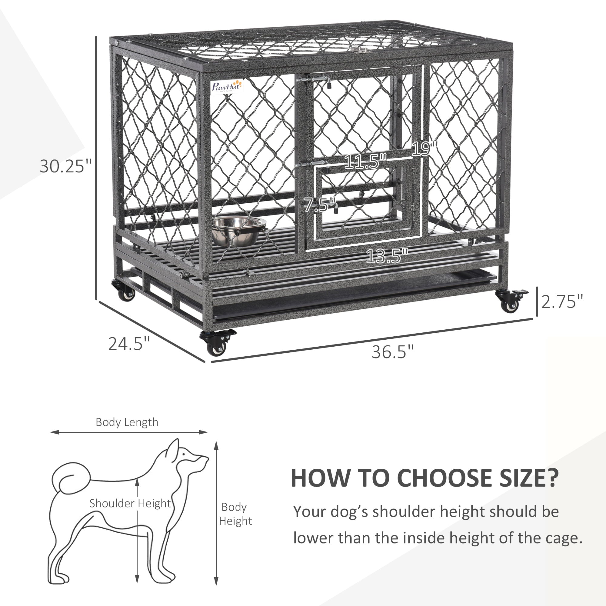 Pawhut Heavy Duty Crate Cage Kennel with Removable Tray Wheels and Lockable Door for Medium Dogs Indoor and Outdoor， 36.5