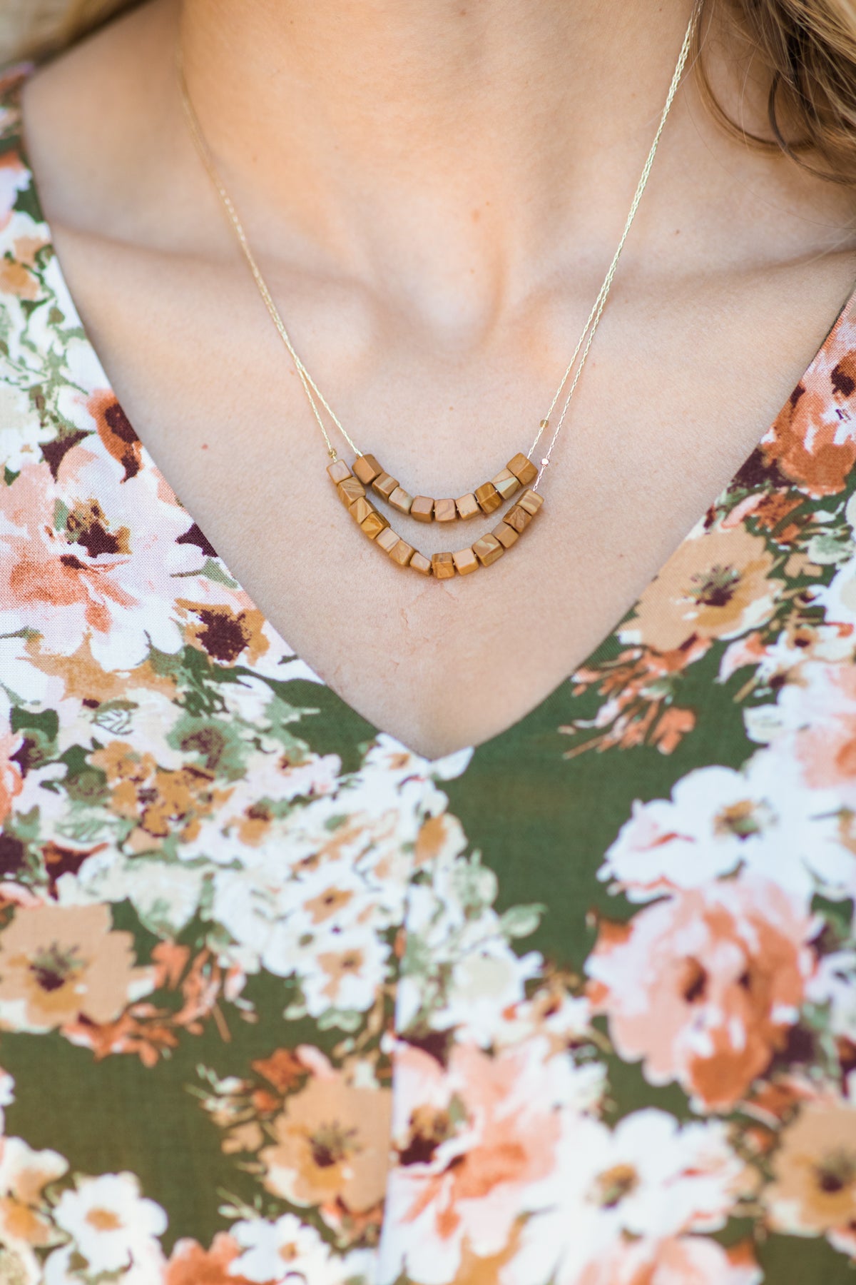 Gold Multicolor Cube Stone Beaded Necklace