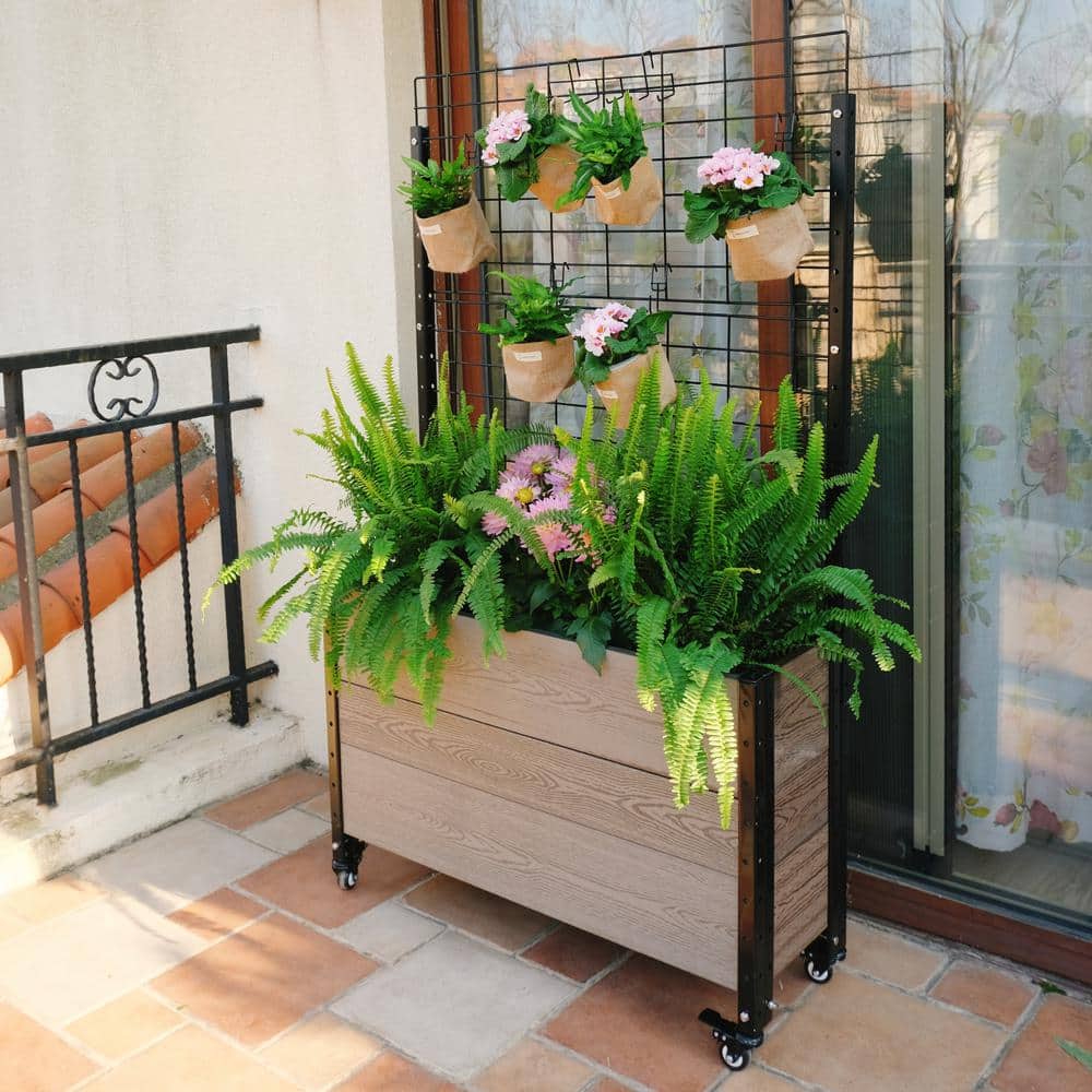 EverBloom 12 in. D x 57 in. H x 36 in. W Grey and Black Composite Mobile Deep Trough Planter Box Raised Garden Bed with Trellis K2121G