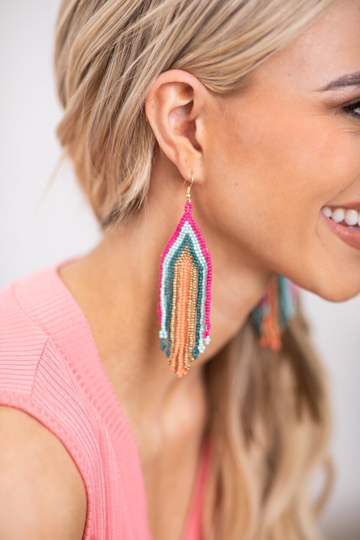 Fuchsia Multicolor Beaded Fringe Earrings