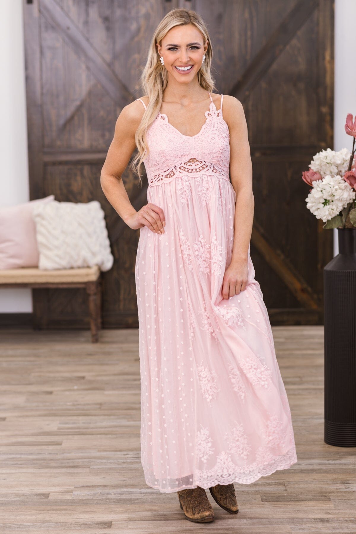 Dusty Rose Crochet Lace Bodice Maxi Dress