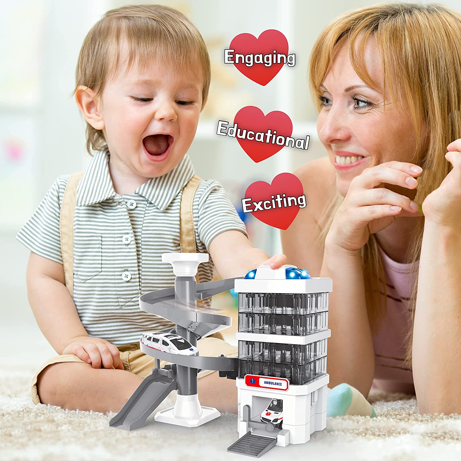 Surnie Car Garage Toy， Car Tracks for Boys with 2 Ambulances and Lights and Sounds， 21 Pcs Kids Toy Car Ramp Rescue Station with Building Instructions， for Toddlers Boys Girls 3+