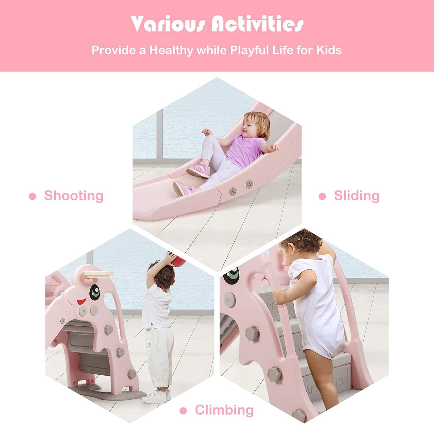 3 in 1 Slide for Kids， Toddler Large Play Climber Slide PlaySet with Extra Long Slipping Slope， Basketball Hoop， Ideal Gift for Boys and Girls Indoor Outdoor Use (Pink Dolphin)