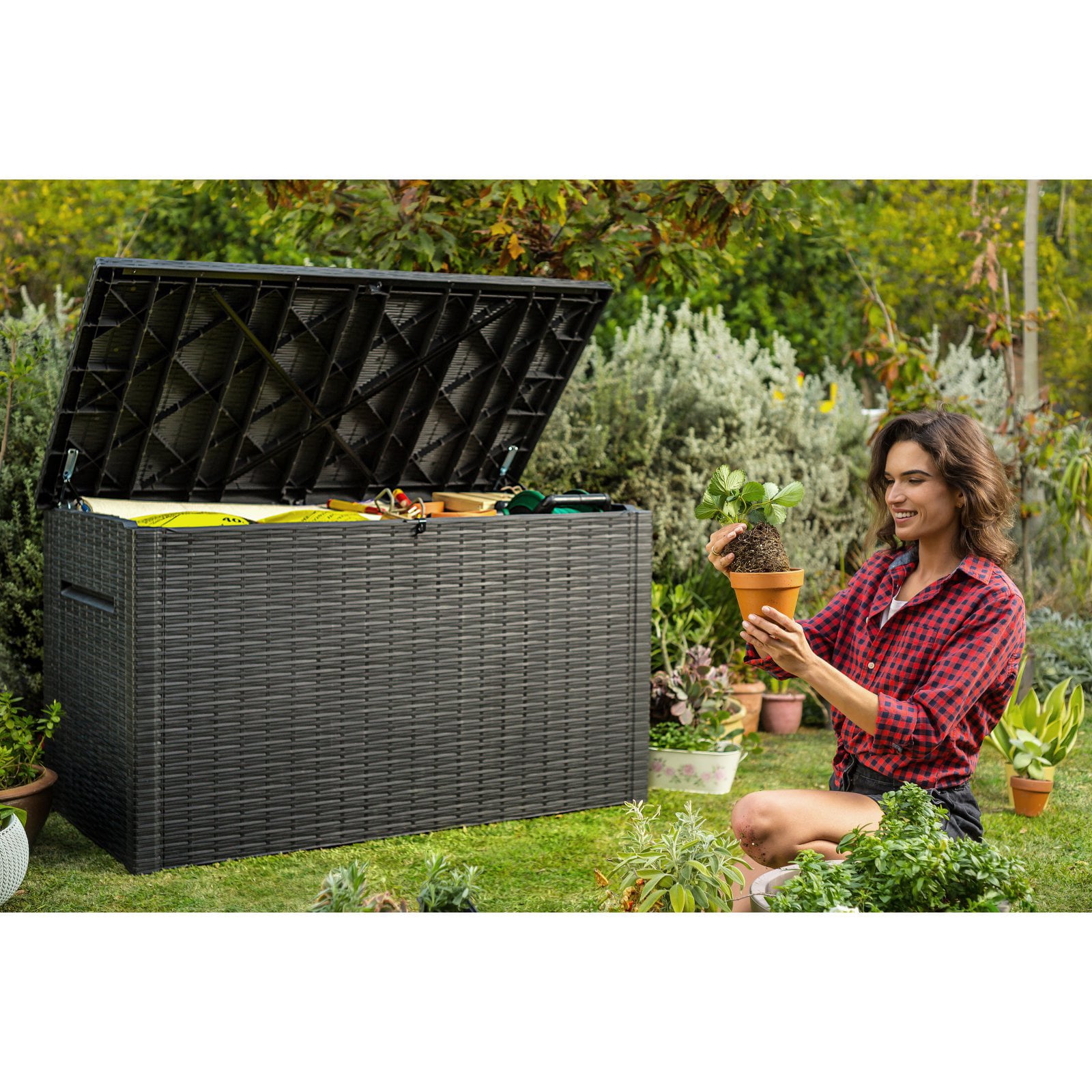 Keter Java Extra Large Rattan Style 230 Gallon Plastic, Resin and Wicker Deck Box, Espresso Brown