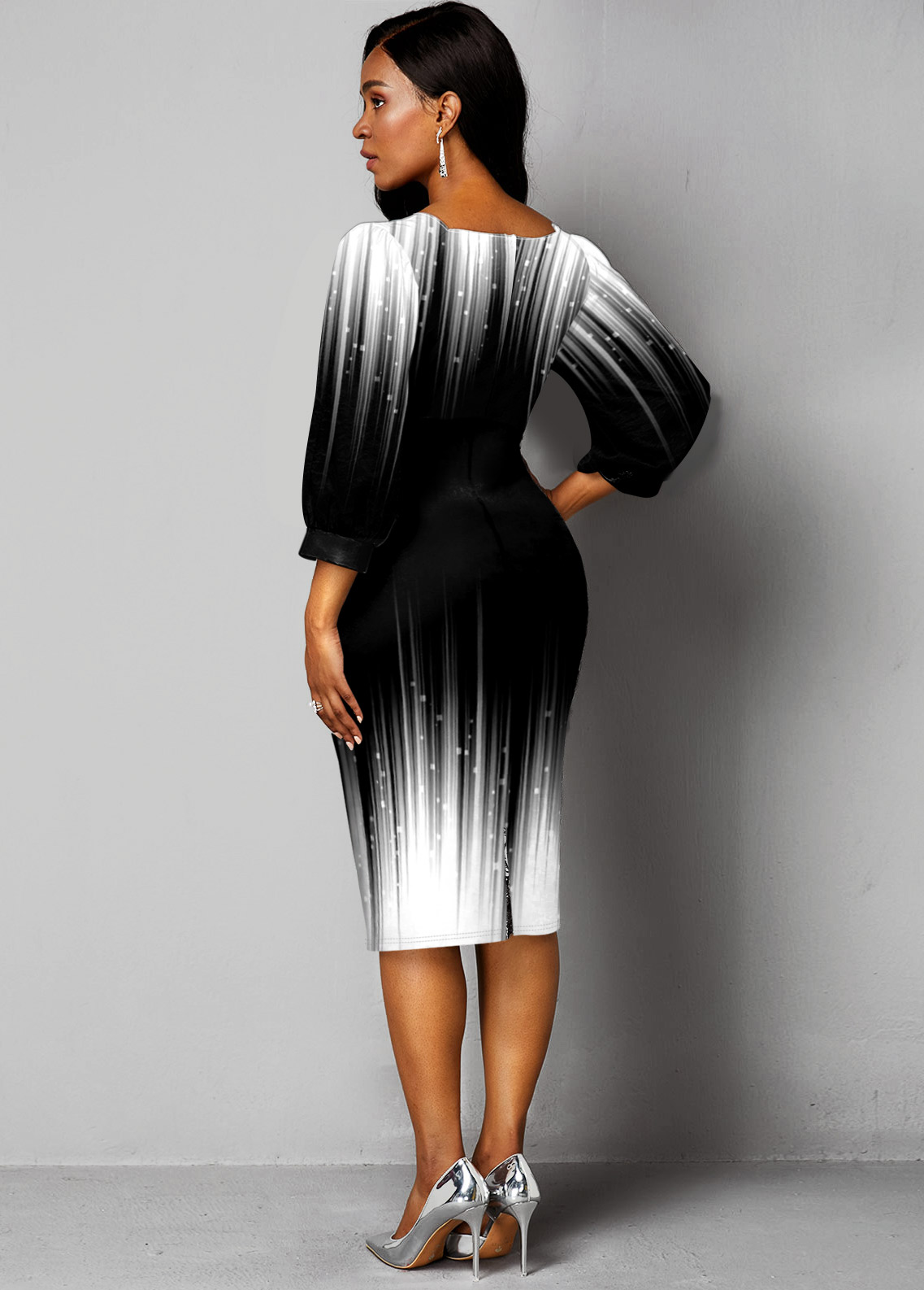 Printed Lantern Sleeve Ombre Sheath Dress