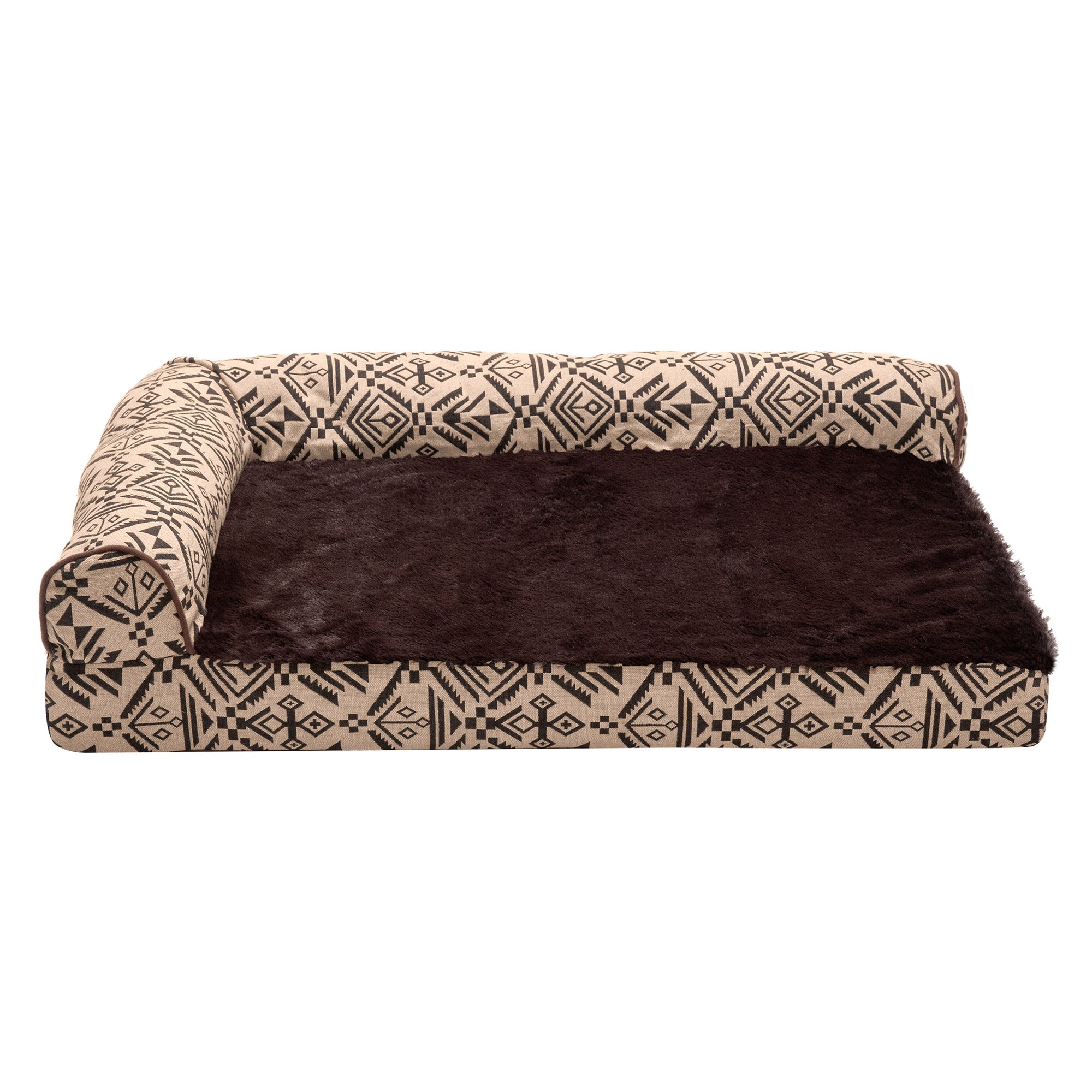 FurHaven | Deluxe Memory Foam Southwest Kilim L-Chaise Lounge Pet Bed for Dogs and Cats， Desert Brown， Medium