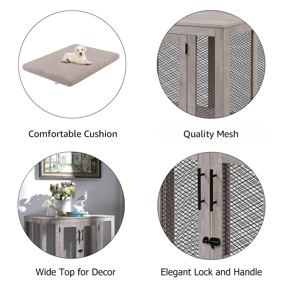 Unipaws Dog Crate Furniture with Cushion and Tray， Wooden and Metal Dog Kennels， Medium Pet Kennel End Table Indoor