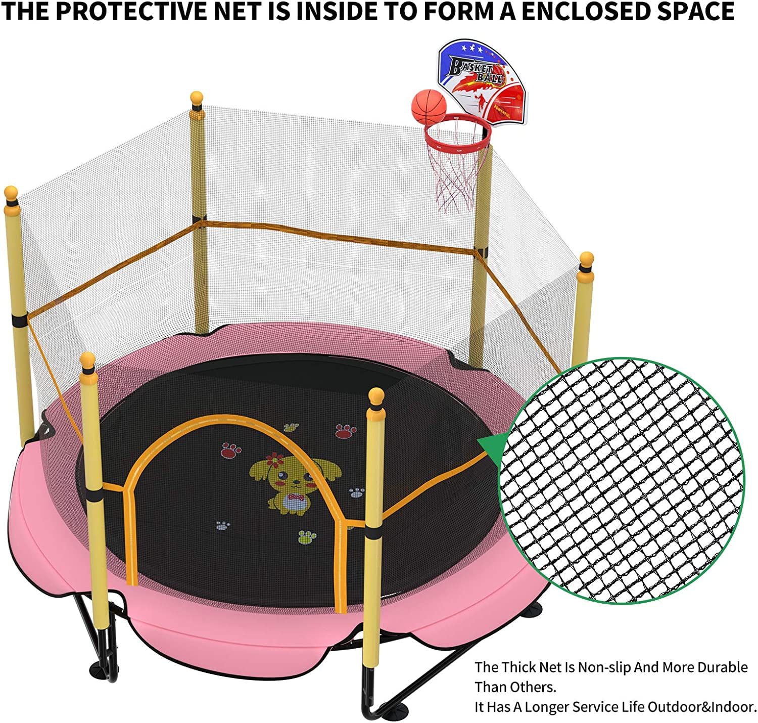 Reliancer 5FT Trampoline for Kids Toddler Indoor Trampoline with Safety Enclosure Net Mini Basketball Hoop Jumping Mat for Home Entertainment Equipment Outdoor Backyard Games