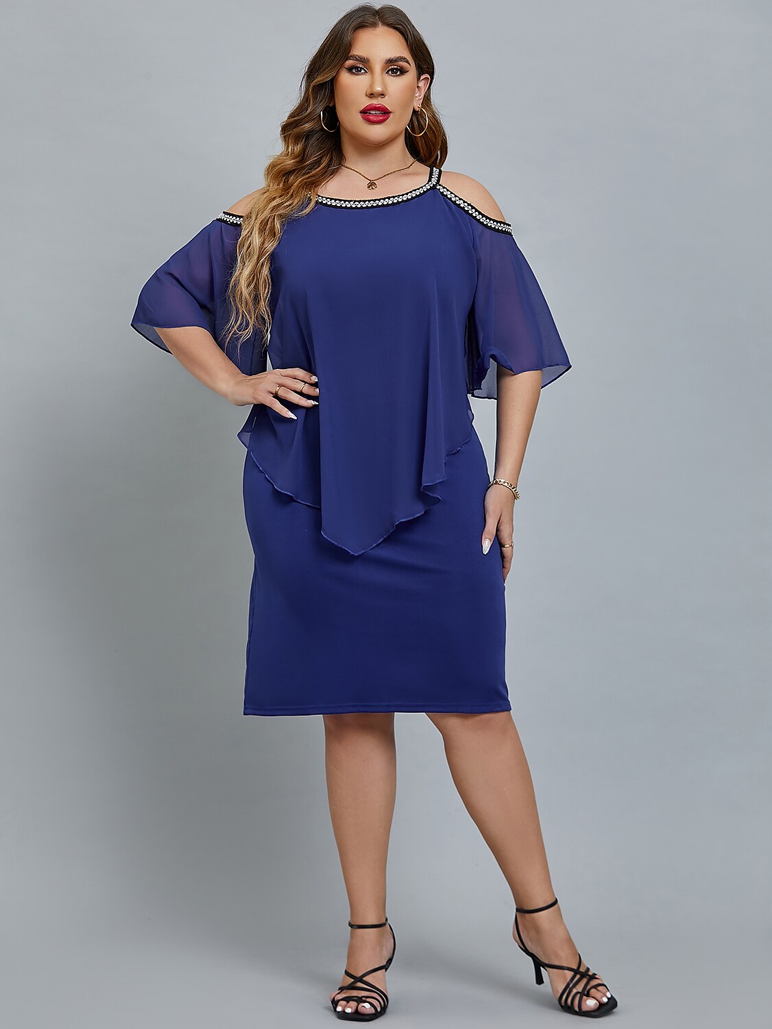 Women's Plus Size Curve Party Dress Solid Color Crew Neck Sequins Half Sleeve Fall Spring Elegant Sequins Prom Dress Midi Dress Formal Party Dress / Sequin Dress / Layered