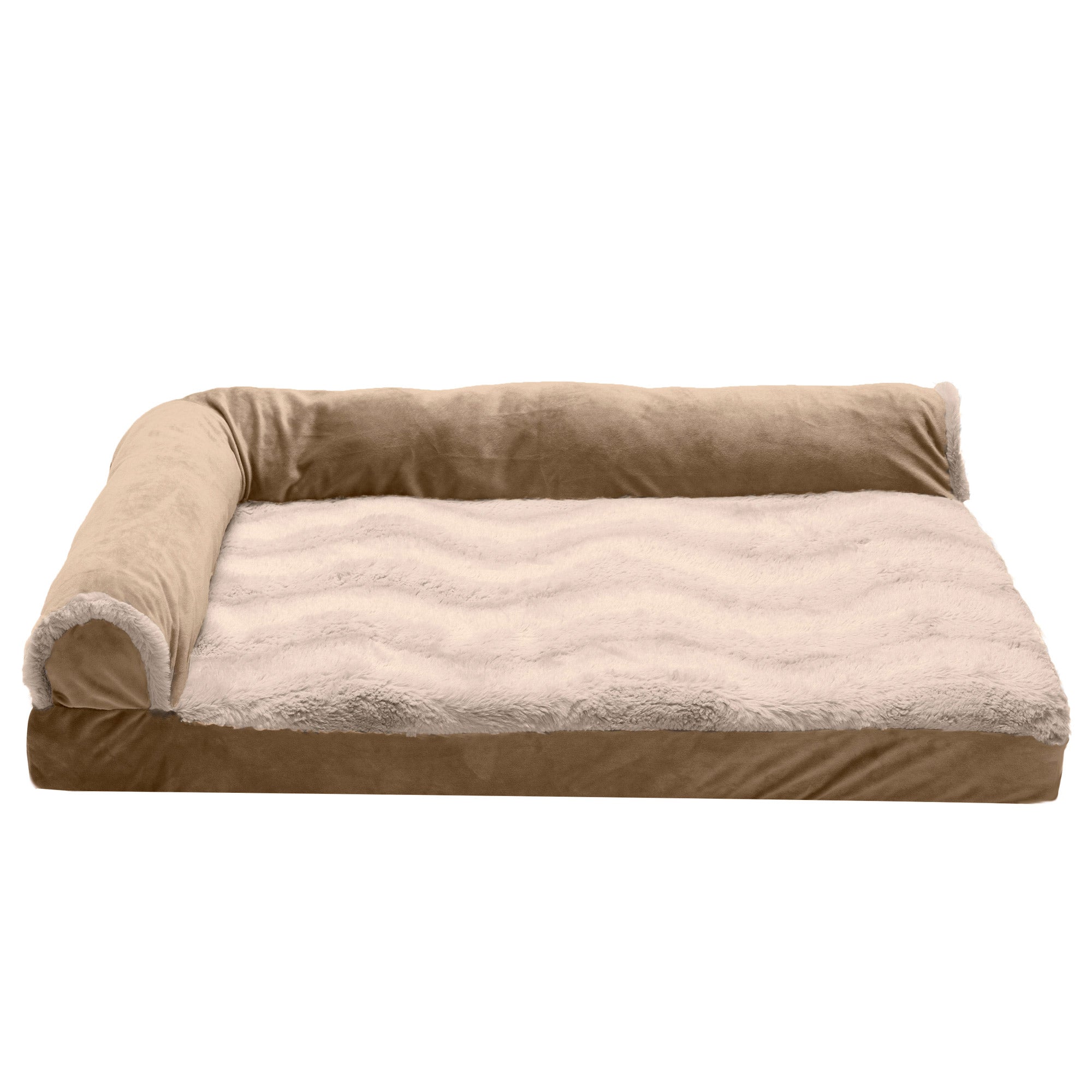 FurHaven | Deluxe Memory Foam Wave Fur and Velvet L-Chaise Lounge Pet Bed for Dogs and Cats， Brownstone， Medium