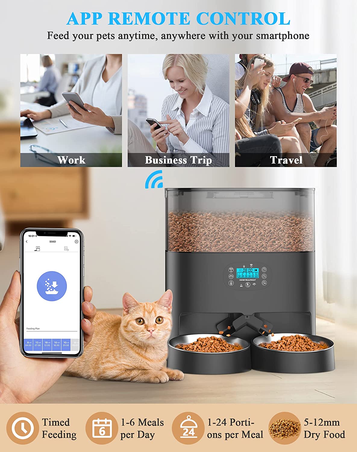 6L Automatic Cat Feeder for 2 Cats， 2.4G WiFi Enabled Smart Feed Automatic Pet Feeder for Cats and Dogs， Timed Pet Food Dispenser with Stainless Steel Bowl APP Control， 10s Voice Black