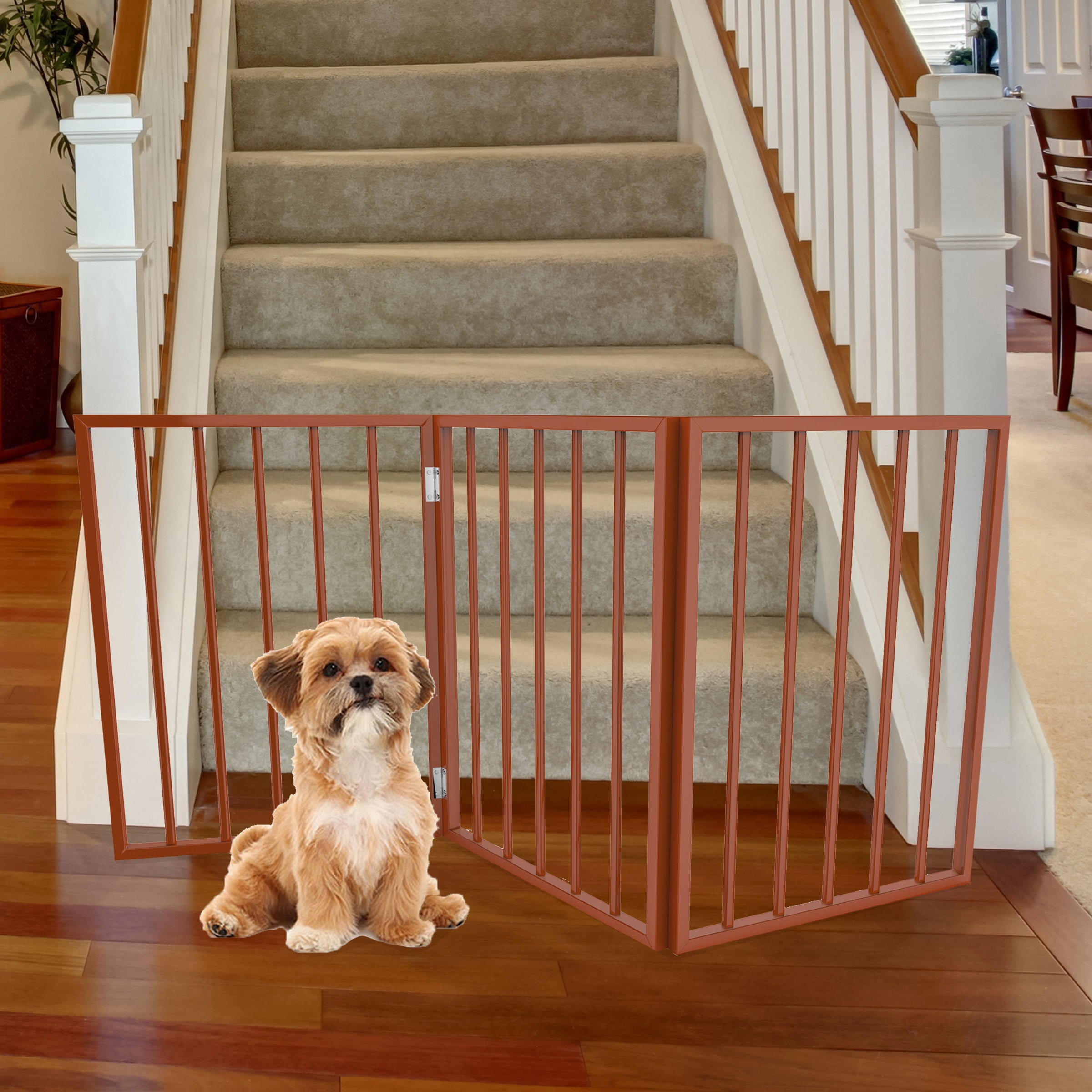 Indoor Pet Gate - 3-Panel Retractable Dog Gate for Stairs or Doorways - 24-Inch Freestanding Folding Pet Fence for Cats and Dogs by PETMAKER (Mahogany)