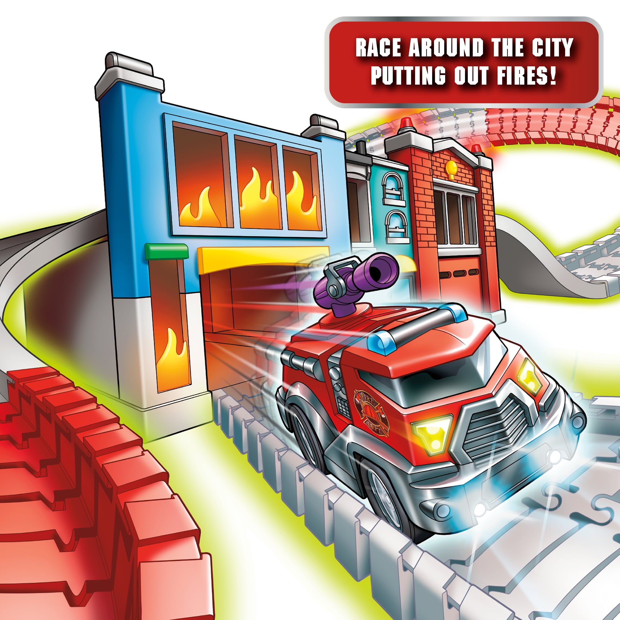 Ontel Magic Tracks Fire Inferno， Fire Truck with a 10ft Glow in The Dark Race Track， For Ages 3+