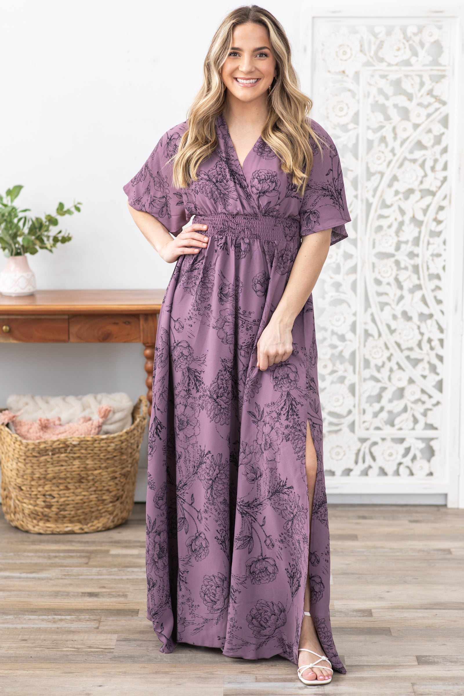 Mauve Blouse Floral Waist Band Maxi Dress