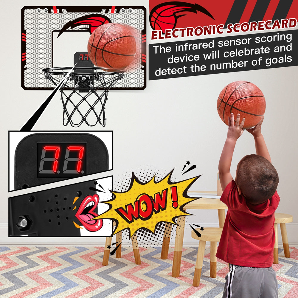 LAYADO Kids Mini Basketball Hoop Set Electronic Score Record and Sounds， Basketball Hoop over The Door with 3 Balls， Hand Pump basketball backboard Toy Gifts Indoor and Outdoor