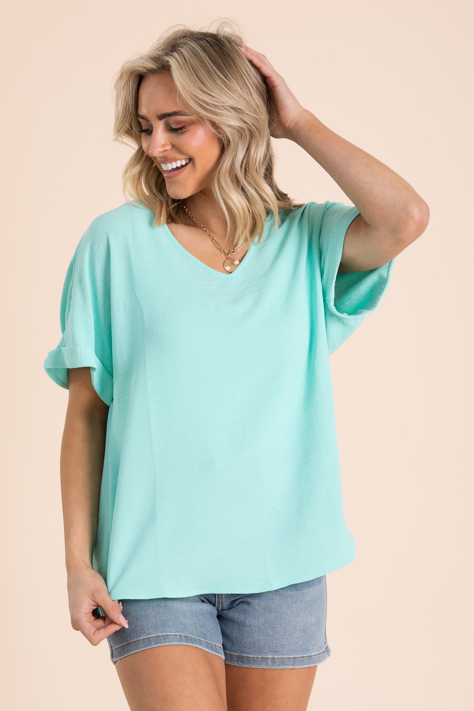 Woven V-Neck Folded Short Sleeve Tops