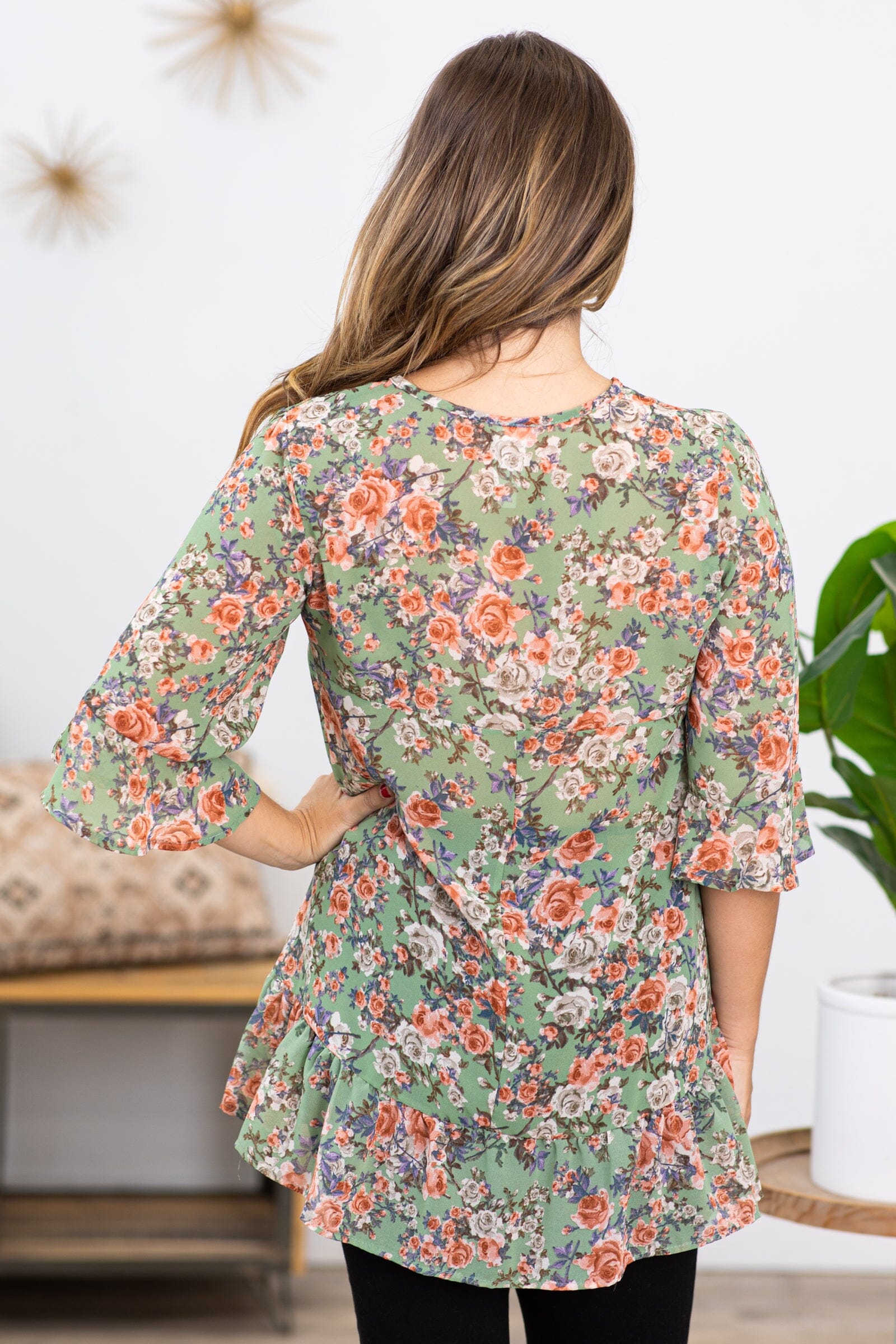 Sage and Coral Floral Print Ruffle Trim Top