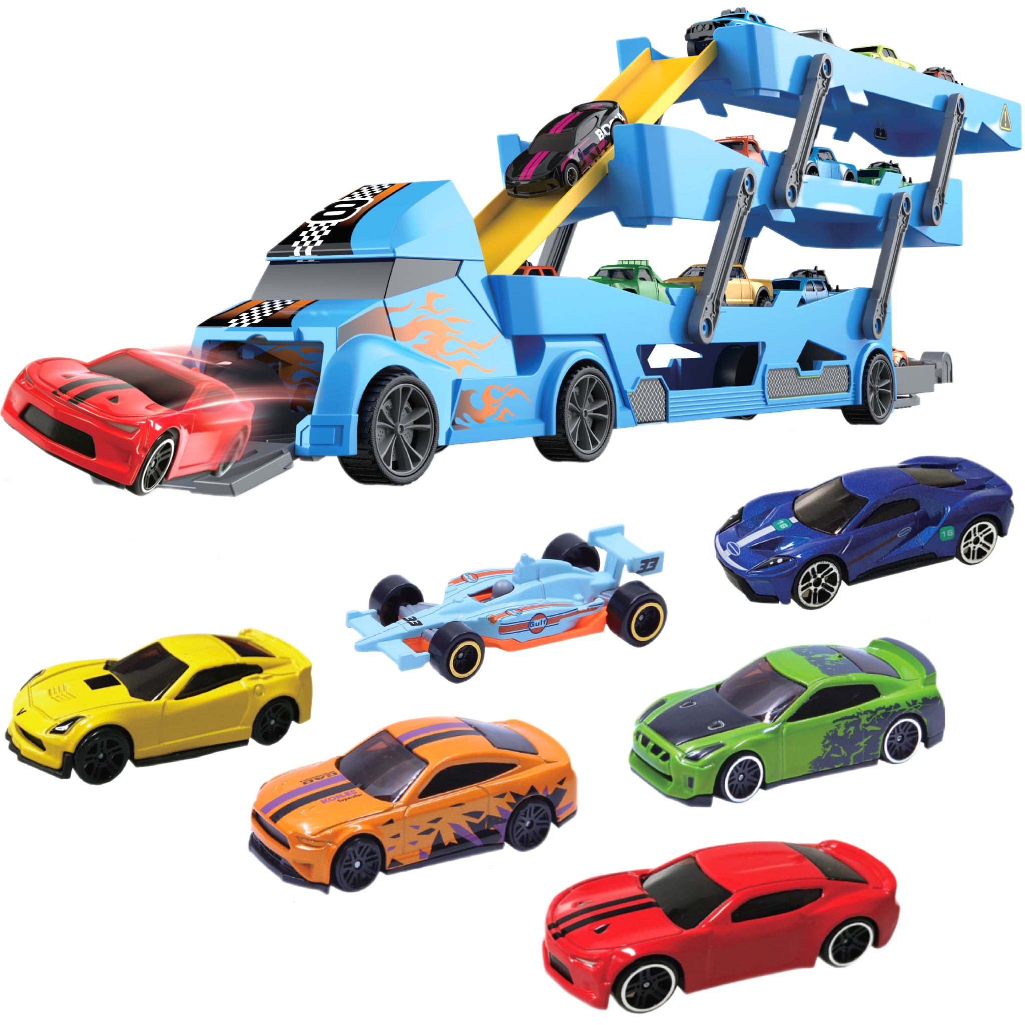 TOYLI Vehicle Playset Toy Car Hauler Carrier Truck with Track， Launcher， 6 Metal Die-Cast Vehicles， for Boys Girls Toddlers