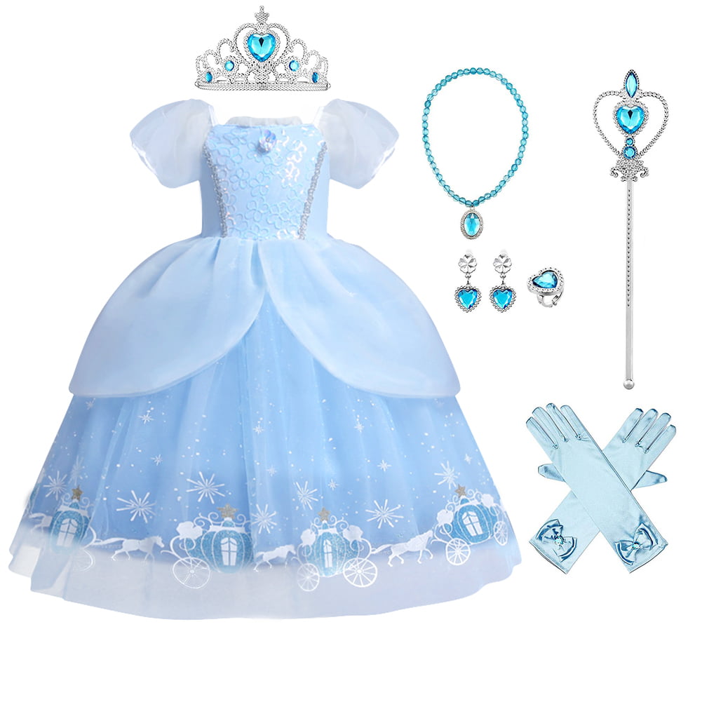 IMEKIS Cinderella Costume for Toddler Girls Princess Costumes Cinderella Dress Up Jewelry Set Crown Fairy Wand Baby Kids Halloween Cosplay Role Play Birthday Outfit 6-7 Years Blue
