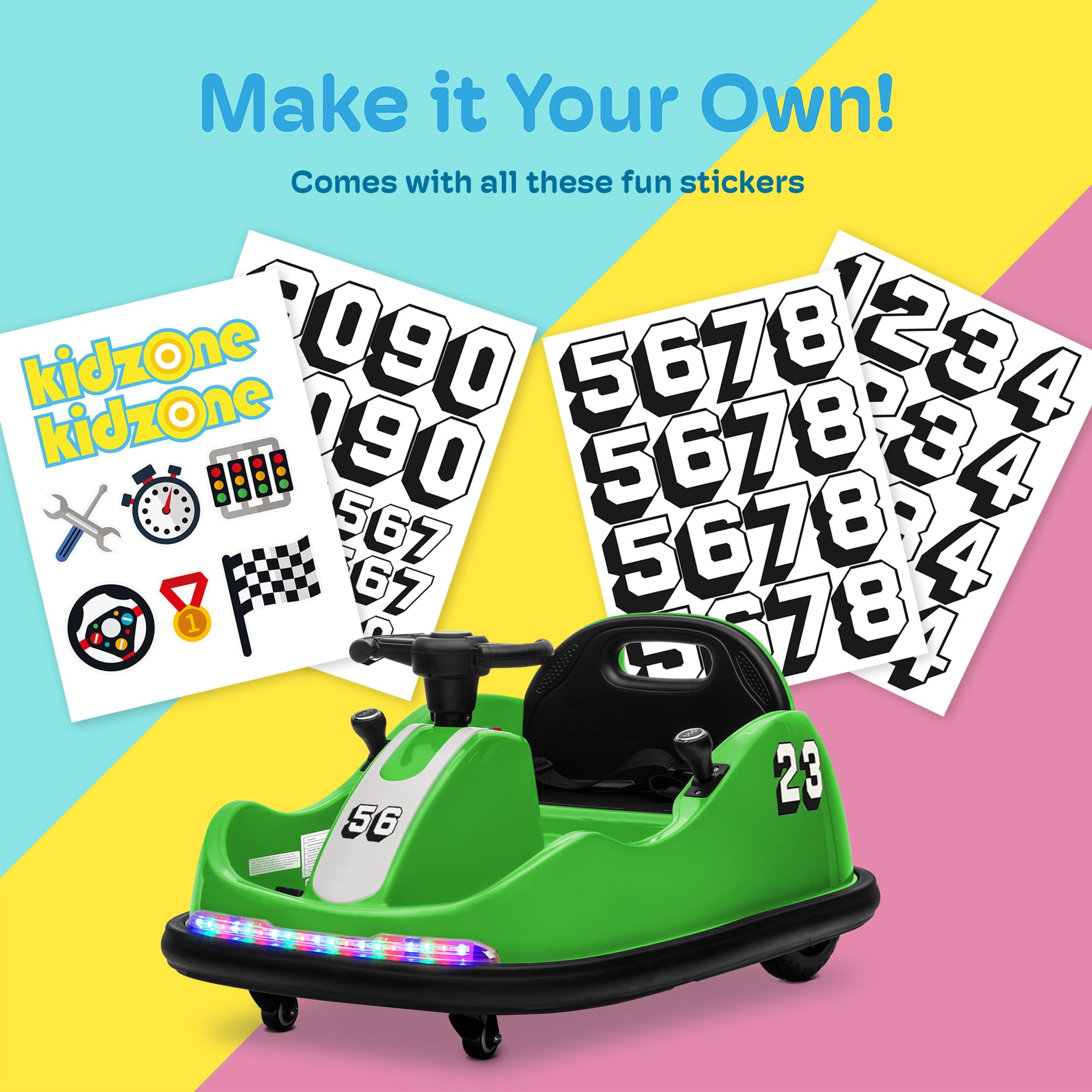 Kidzone Twin-Motor 12V Kids Toy Electric Ride On Bumper Car Vehicle Remote Control Bluetooth Music 360 Spin ASTM-Certified DIY Sticker Race #00-99， Green