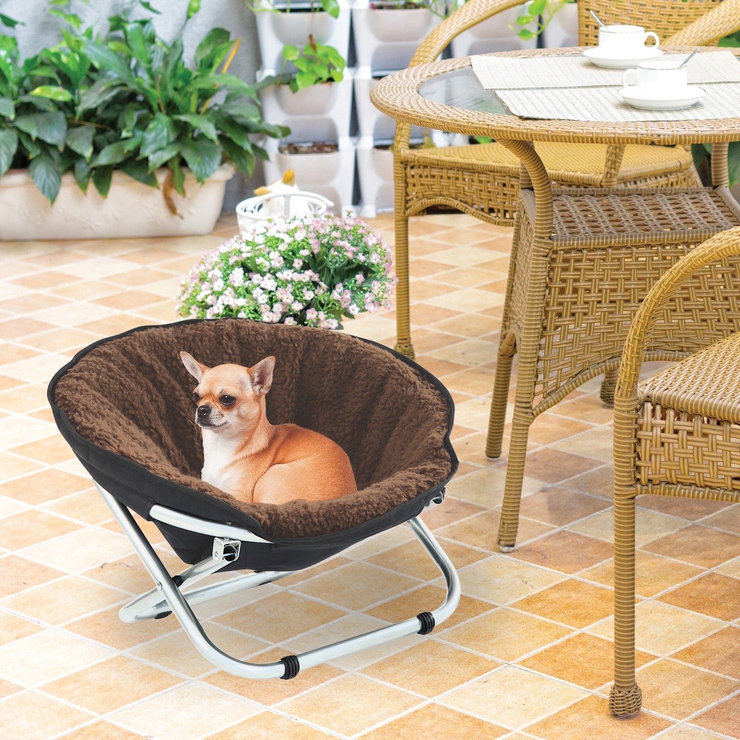 Folding Pet Cot Chair - Cat Bed， Brown Fleece Top Papasan Chair for Sm