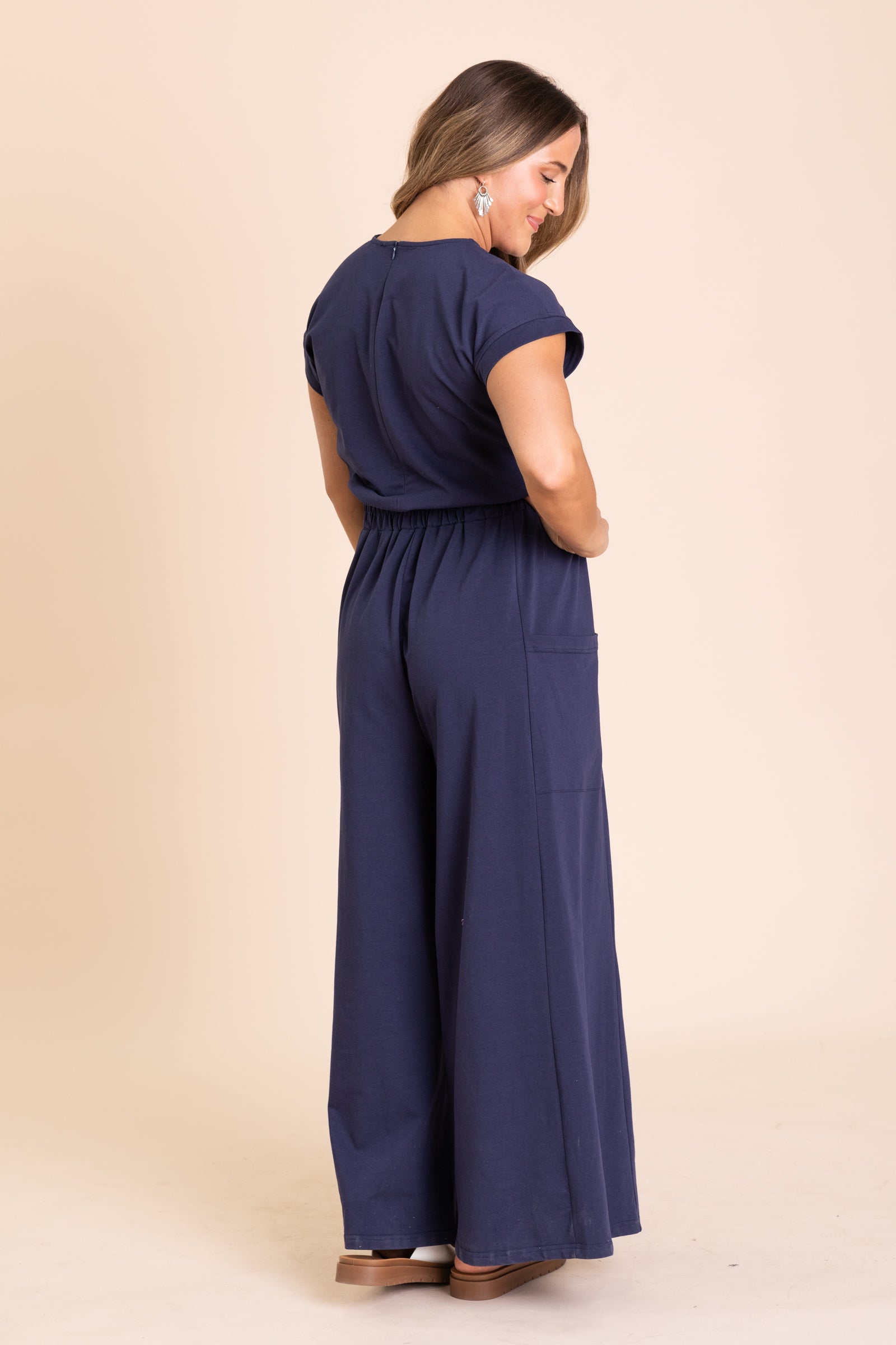 Navy Jersey Short Sleeve Jumpsuit With Pockets