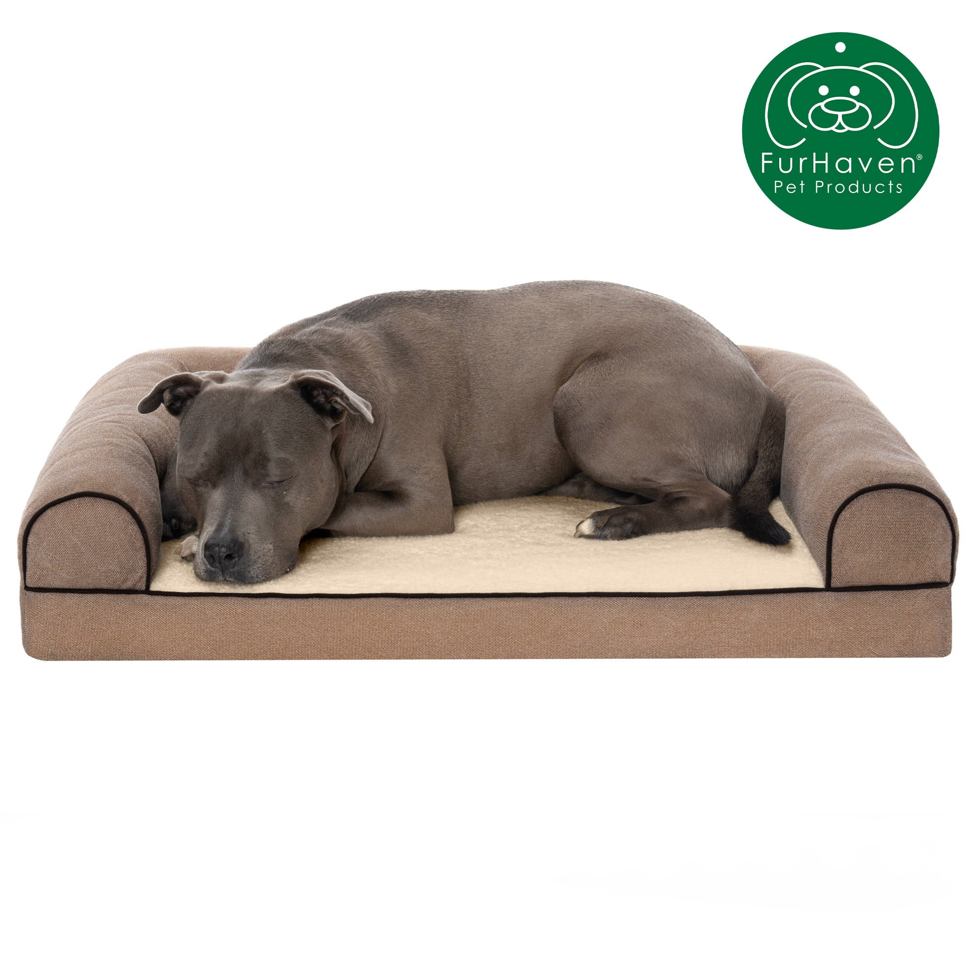 FurHaven Pet Products | Faux Fleece and Chenille Soft Woven Orthopedic Sofa Dog Bed - Cream， Large