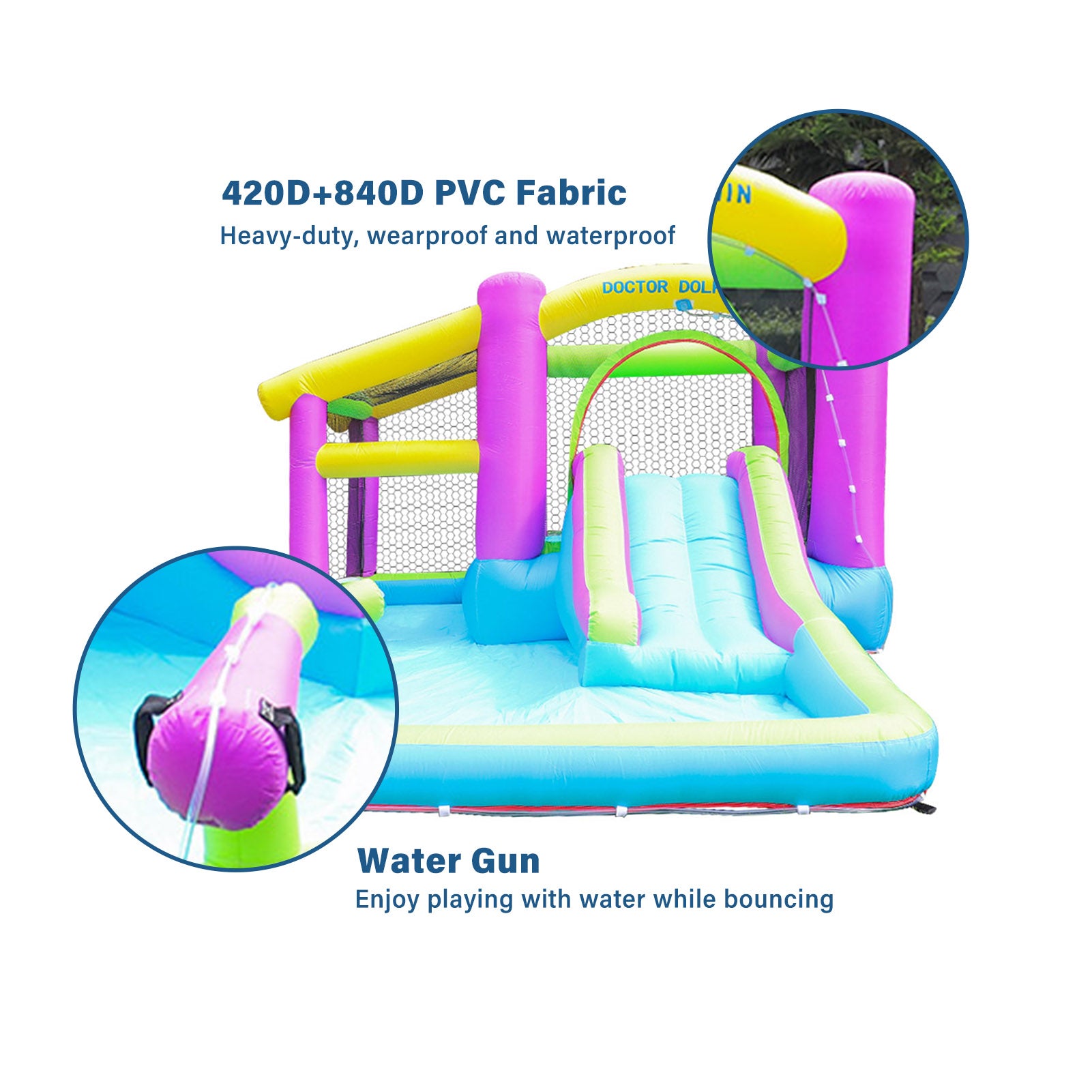 Doctor Dolphin Inflatable Bounce House with Water Slide Inflatable Water Park Jumping Castle with Blower Backyard Kids Party