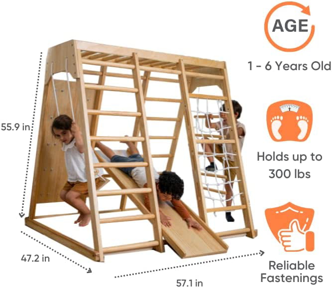 Avenlur Indoor Toddler and Child Indoor Gym Playground Climber - Real Wooden Playset 6-in-1 Slide， Rock Climb Wall， Rope Wall Climbing， Monkey Bars， Swing， Ladder Fun Gym for Children