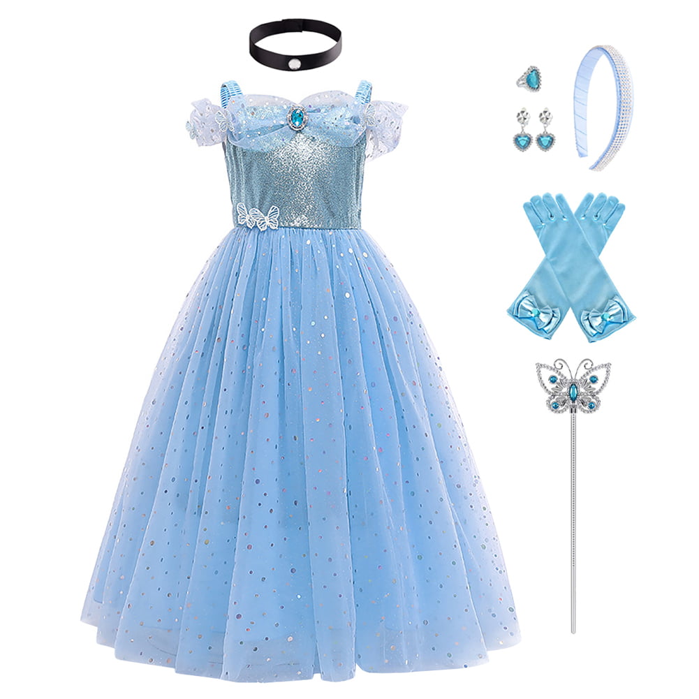 IMEKIS Cinderella Costume for Toddler Girls Princess Costumes Cinderella Dress Up Jewelry Set Crown Fairy Wand Baby Kids Halloween Cosplay Role Play Birthday Outfit 7-8 Years Blue Shiny