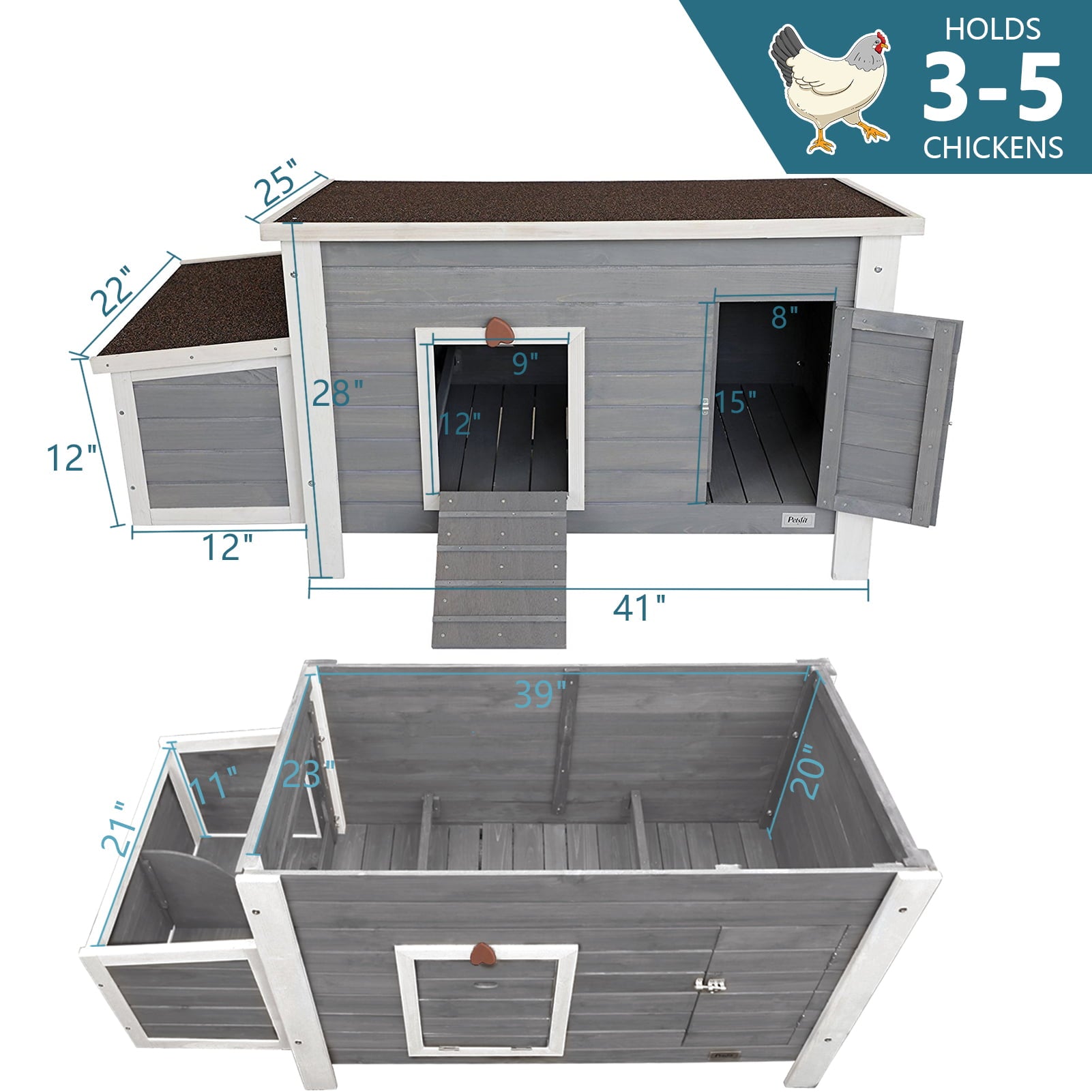 Petsfit Wooden Chicken Coop with Nesting Box，Weatherproof Poultry Cage， Rabbit Hutch Gray
