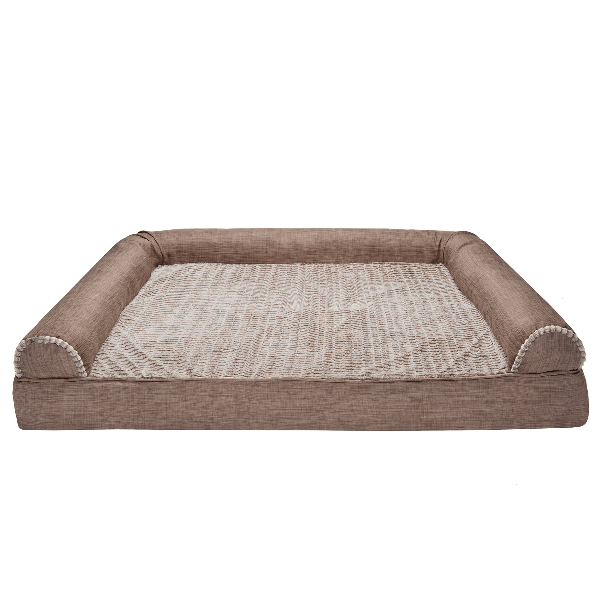 FurHaven Pet Products | Cooling Gel Memory Foam Orthopedic Luxe Fur and Performance Linen Sofa-Style Pet Bed for Dogs and Cats， Woodsmoke， Jumbo Plus