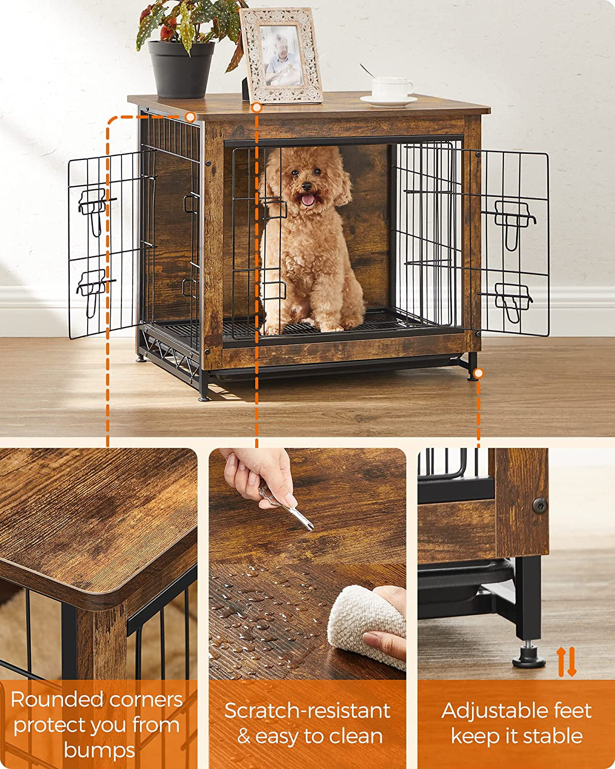 FEANDREA Dog Crate Furniture， Double-Door Dog House， Rustic Brown