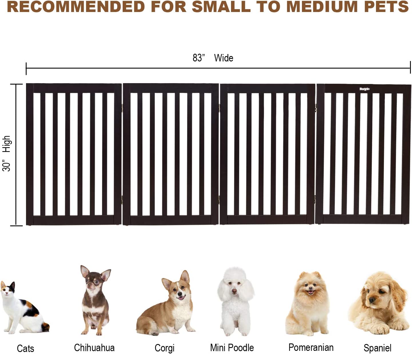 VINGLI Configurable Wood Dog Gate 4 Panel Freestanding Foldable Kitty Pet Puppy Doggy Gate Indoor Doorway Stairs | Fully Assembled | Expands Up to 82.9