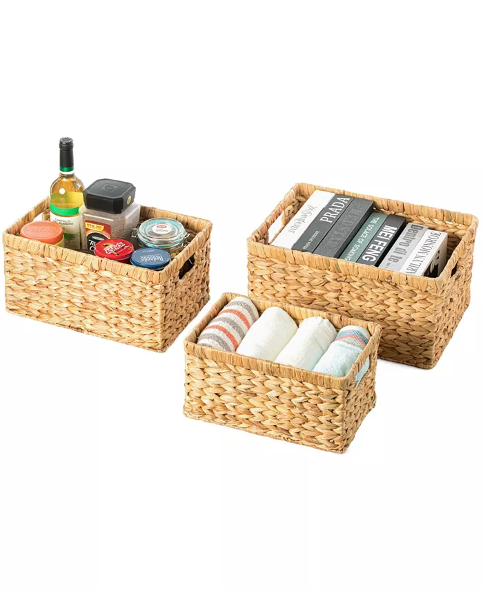 Vintiquewise Natural Woven Water Hyacinth Wicker Rectangular Storage Bin Basket with Handles， Set of 3