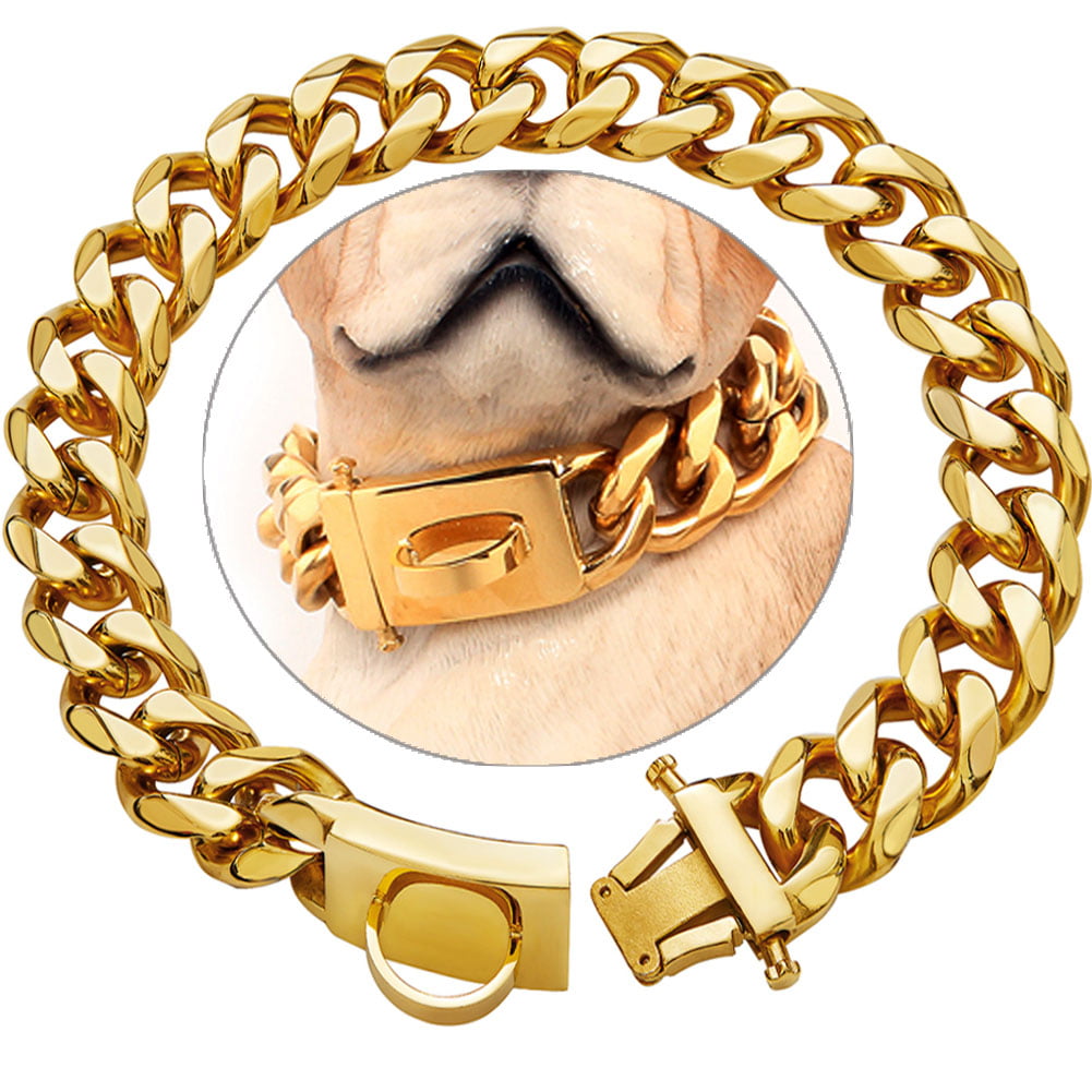W/W Lifetime Gold Collar Cuban Chain for Small Medium Large American Pitbull French Bulldog Dogs