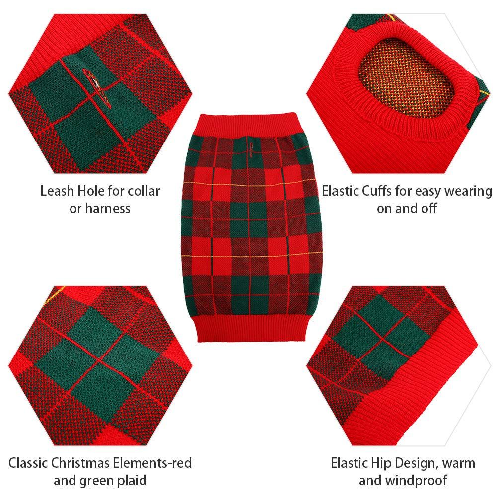 ROZKITCH Classic Plaid Dog Sweater， Puppy Festival Winter Warm Knit Vest， Pet Apparel Clothes， Red Green Plaid Xmas Knitwear Turtleneck Sweatshirts for Dogs Cats