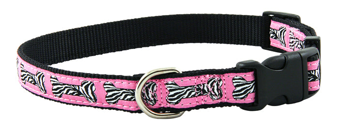 Pink Zebra Bone Jacquard Ribbon Dog Collar Closeout - Extra Small