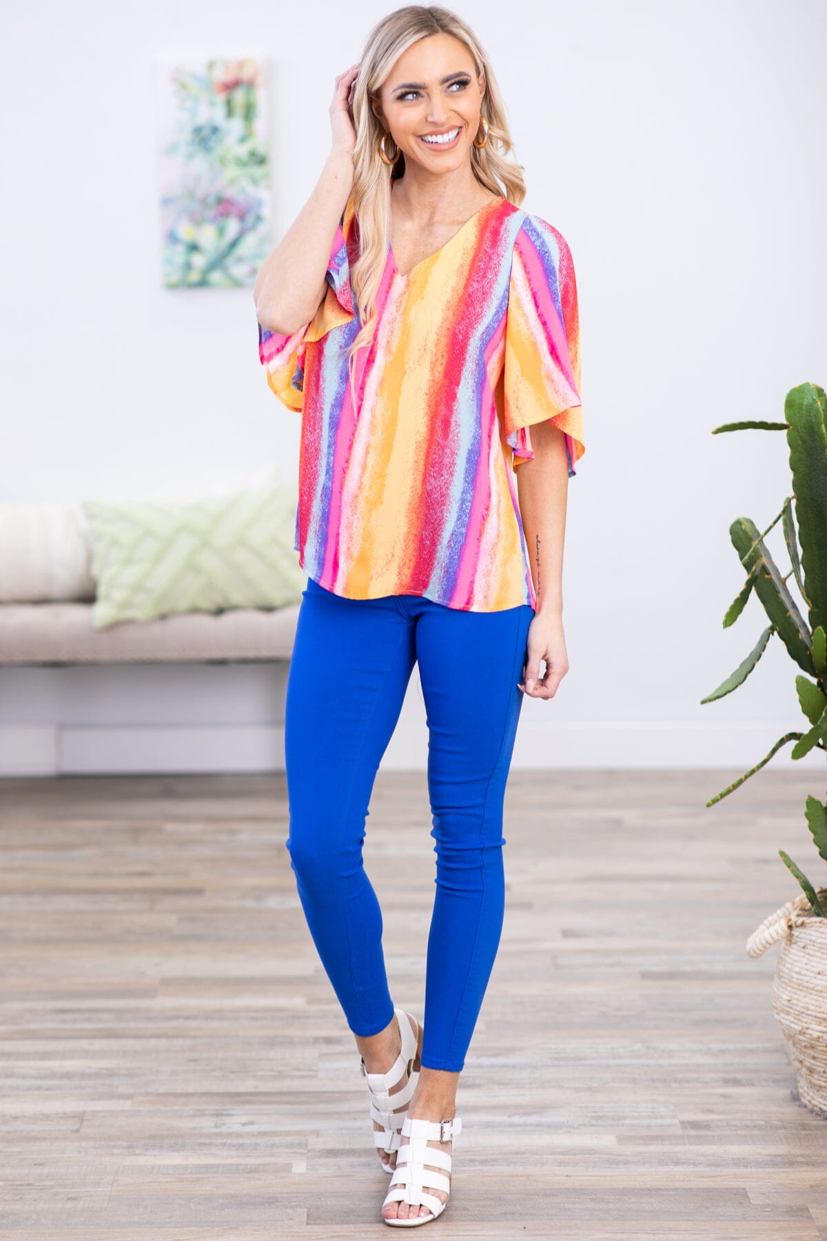 Red and Yellow Multicolor Vertical Stripe Top