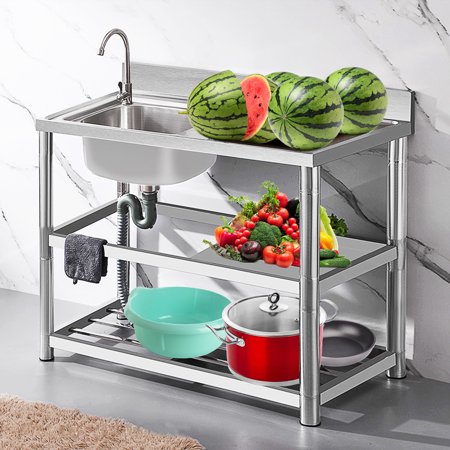RIOUSERY Stainless Steel Sink, Free Standing Commercial Restaurant Kitchen Sink Set, Faucet & Drainboard, Prep & Utility Washing Hand Basin, Workbench & Storage Shelves Indoor Outdoor -47"x19.7"x31.5"