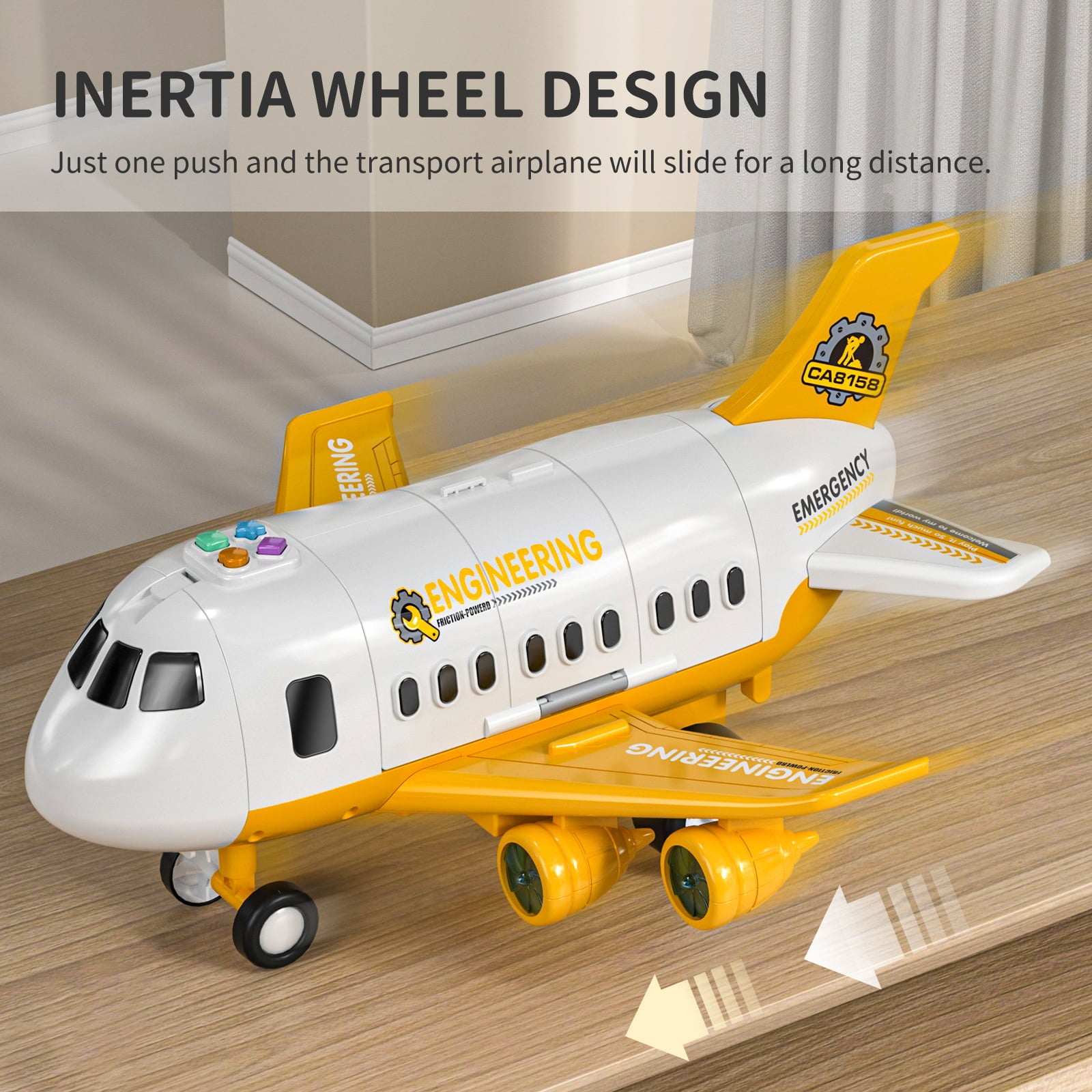 TEMI Storage Transport Plane Cargo with 6 Free Wheel Diecast Construction Vehicles， Kids Toy with Lights and Sounds for 3+ Years Old Boys and Girls Gift