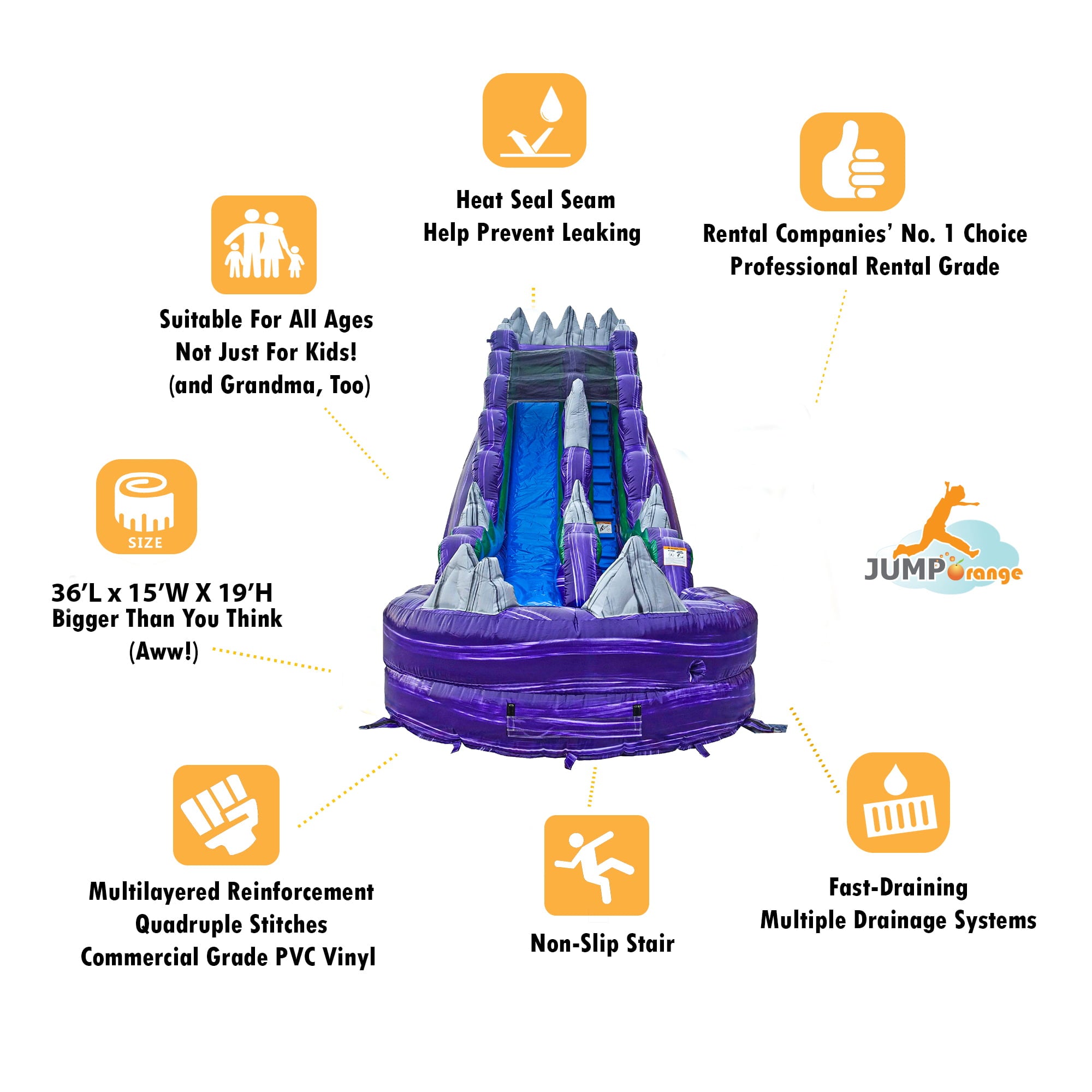 JumpOrange Dark Night Commercial Grade Inflatable Water Slide with Splash Pool | for Adults and Kids | Includes Blower， Stakes and Storage Bag | 19-Foot Tall x 36-Foot Long x 15-Foot Wide