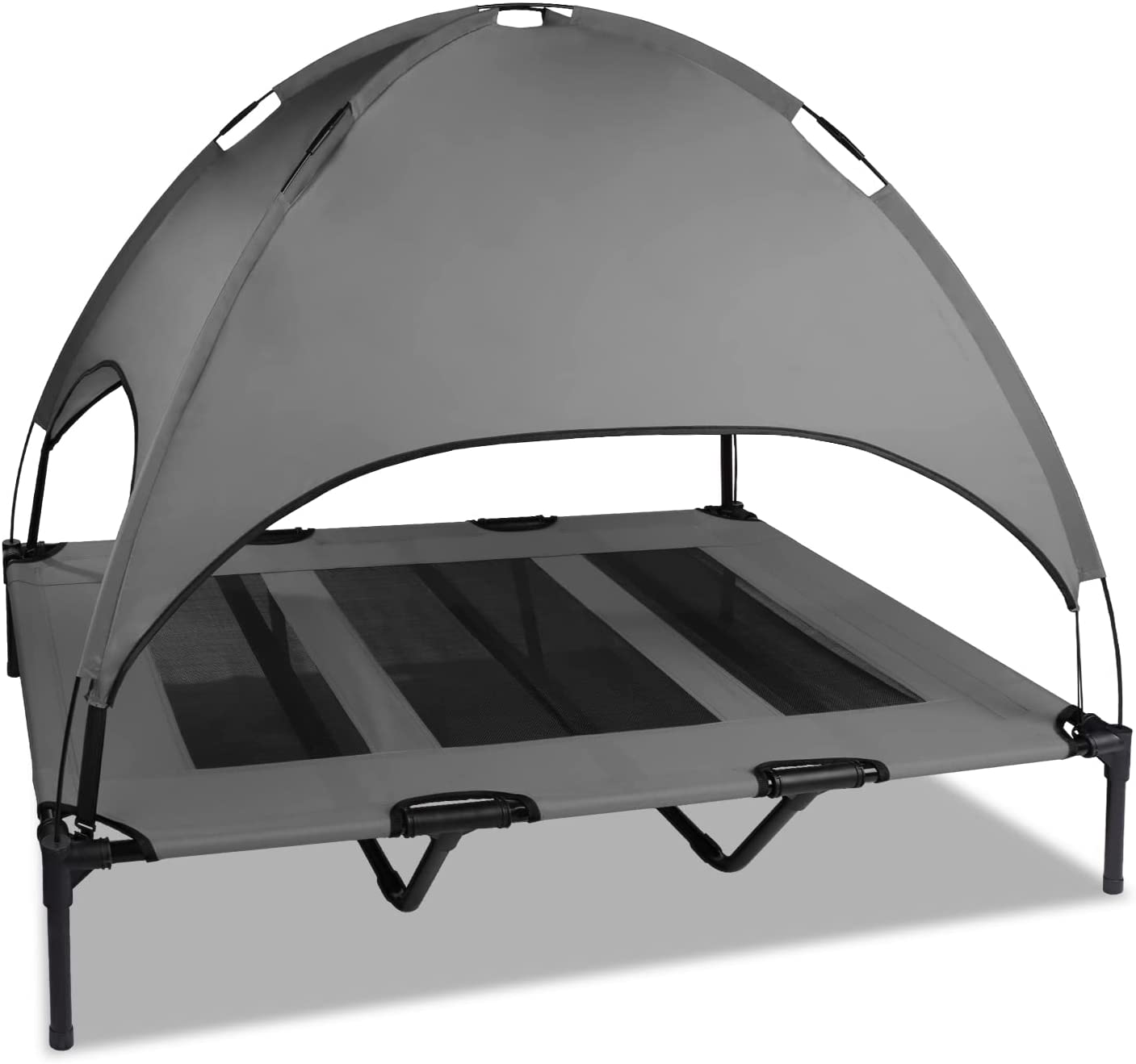 SMONTER Elevated Dog Bed with Canopy， Outdoor Pet Cot with Removable Canopy Shade， Portable Raised Dog Bed with Stable Frame and Breathable Mesh for Small， Medium， Large Dogs， Extra Large， Grey