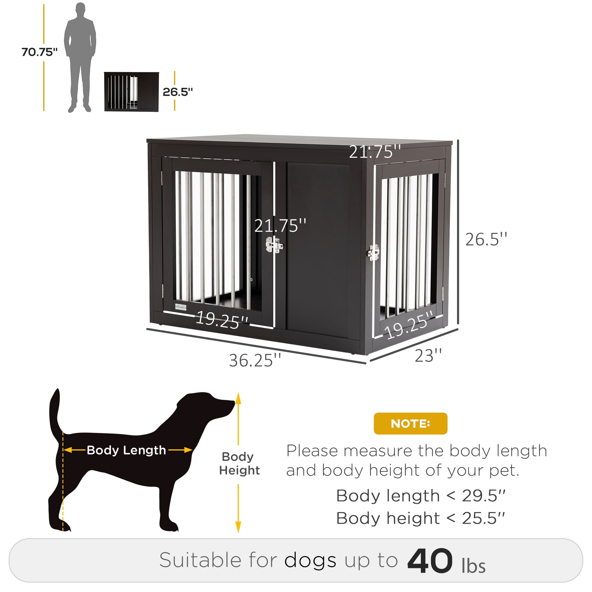Pawhut Wooden Dog Crate Furniture Wire Pet Cage Kennel， End Table with Double Doors， and Locks， for Medium and Large Dog House Indoor Use， Coffee
