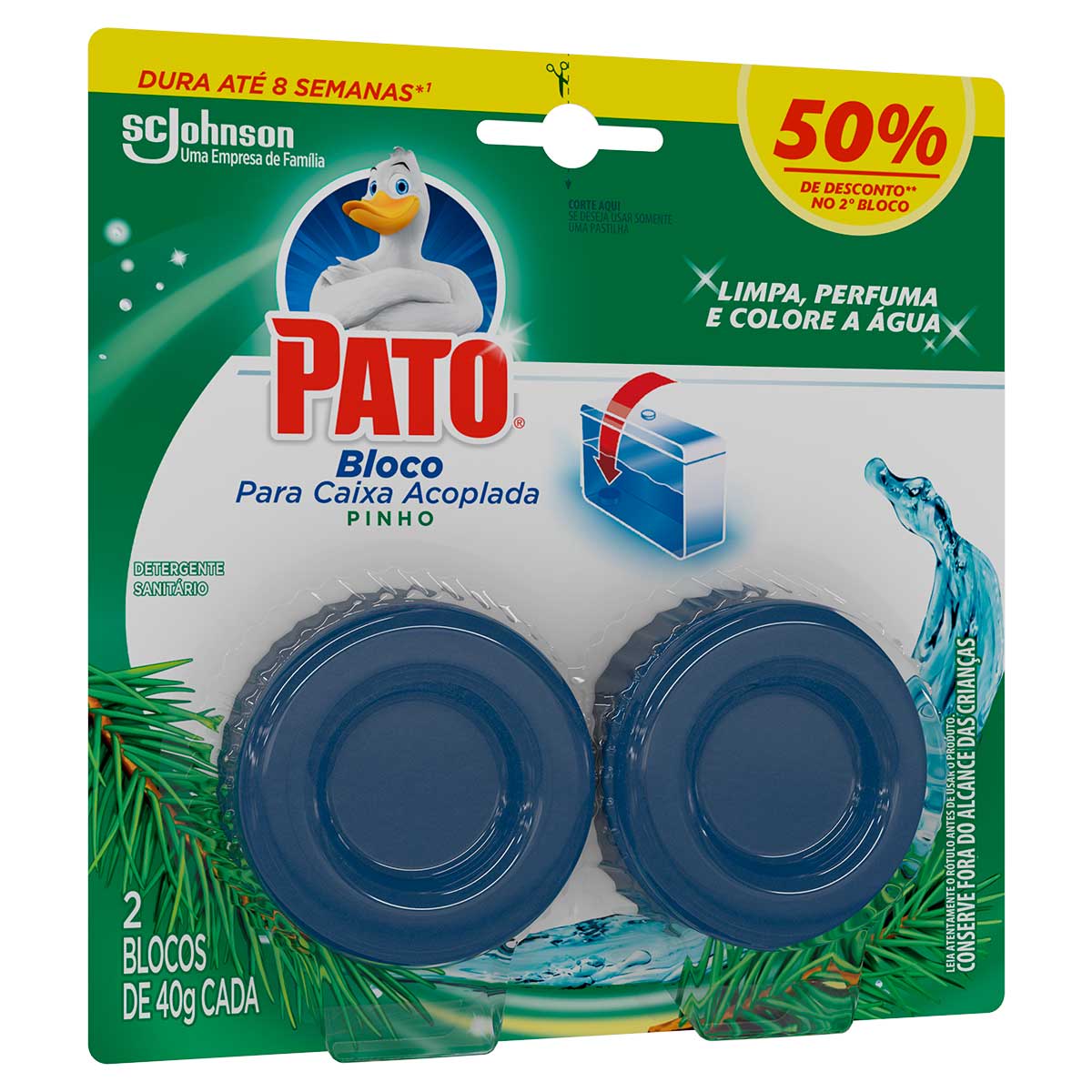 Detergente Sanitario Bloco para Caixa Acoplada Pinho Pato 2 Unidades 40g Cada Gratis 50% de Desconto no 2° Bloco